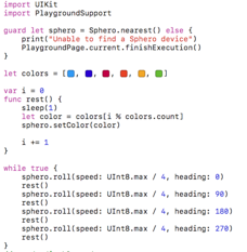 sample swift code used to control the sphero robot