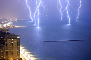 long exposure of lightning near a city